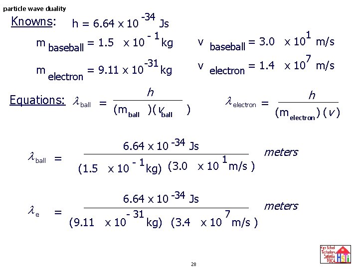 particle wave duality Knowns: h = 6. 64 x 10 -34 m baseball =