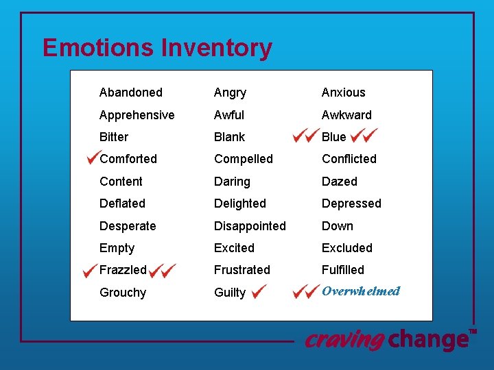 Emotions Inventory Abandoned Angry Anxious Apprehensive Awful Awkward Bitter Blank Blue Comforted Compelled Conflicted