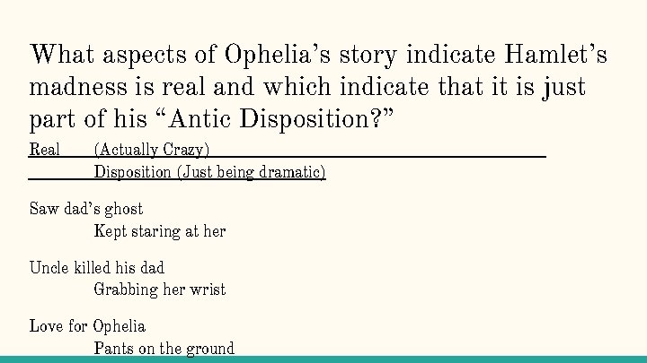 What aspects of Ophelia’s story indicate Hamlet’s madness is real and which indicate that