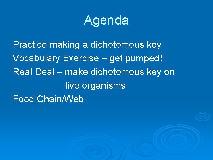 Agenda Practice making a dichotomous key Vocabulary Exercise – get pumped! Real Deal –