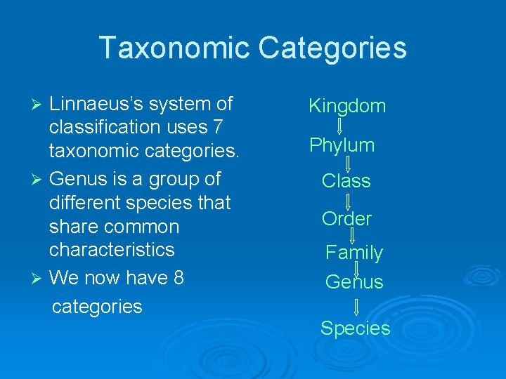 Taxonomic Categories Linnaeus’s system of classification uses 7 taxonomic categories. Ø Genus is a