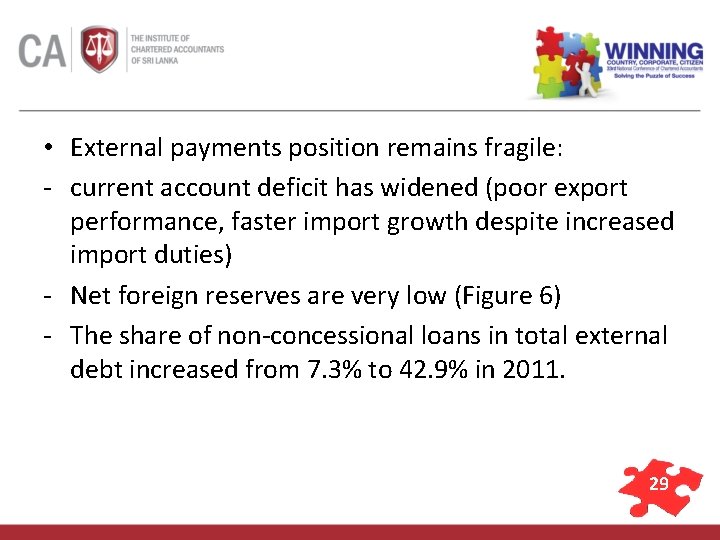  • External payments position remains fragile: - current account deficit has widened (poor