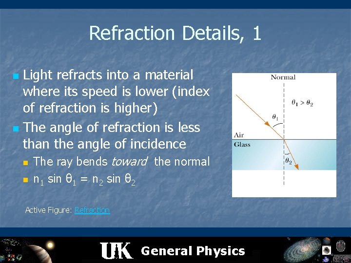 Refraction Details, 1 Light refracts into a material where its speed is lower (index
