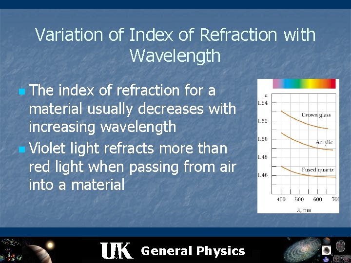 Variation of Index of Refraction with Wavelength n The index of refraction for a