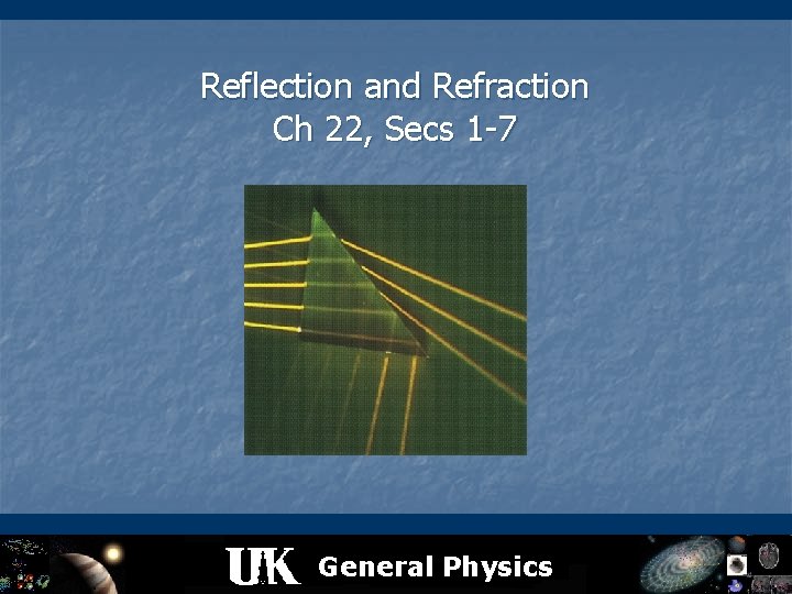 Reflection and Refraction Ch 22, Secs 1 -7 General Physics 