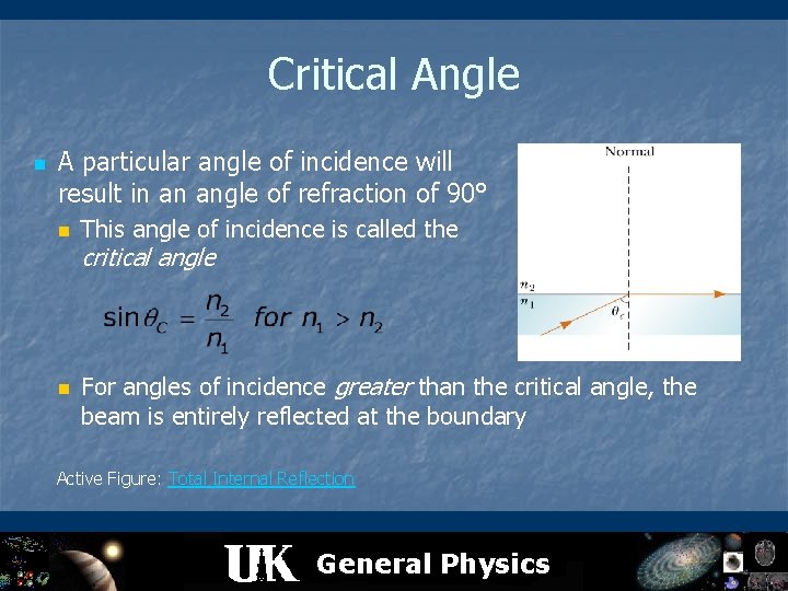 Critical Angle n A particular angle of incidence will result in an angle of