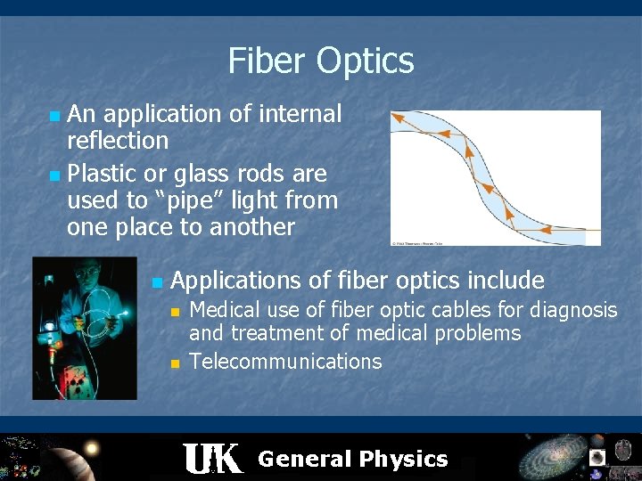 Fiber Optics An application of internal reflection n Plastic or glass rods are used