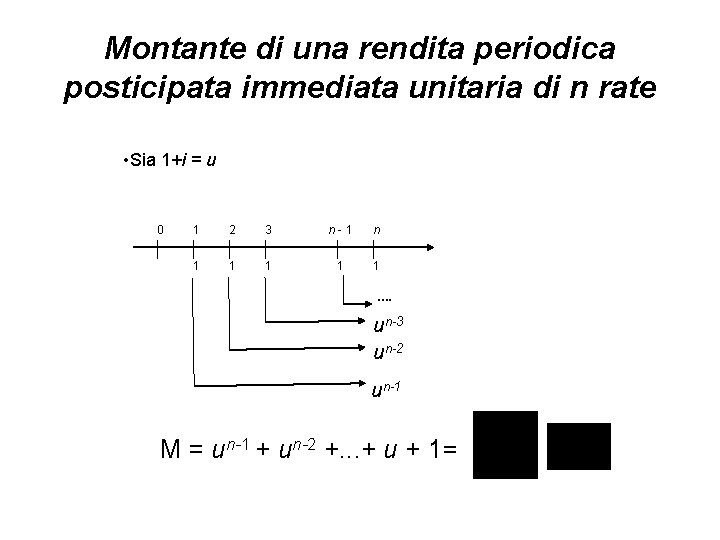 Montante di una rendita periodica posticipata immediata unitaria di n rate • Sia 1+i