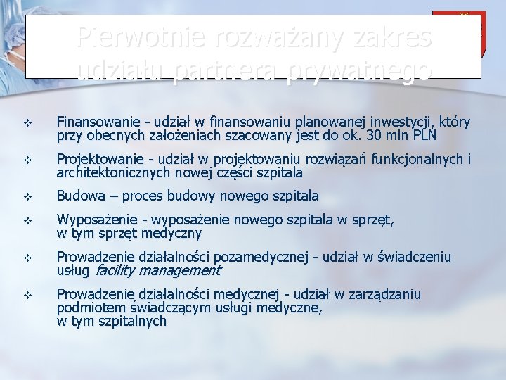 Pierwotnie rozważany zakres Powiat Wrzesiński udziału partnera prywatnego v Finansowanie - udział w finansowaniu