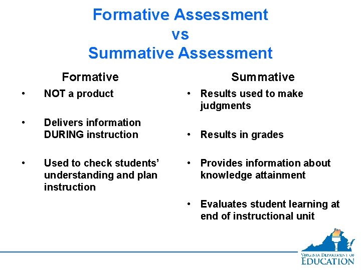 Formative Assessment vs Summative Assessment Formative • NOT a product • Delivers information DURING