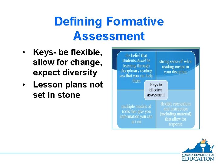 Defining Formative Assessment • Keys- be flexible, allow for change, expect diversity • Lesson