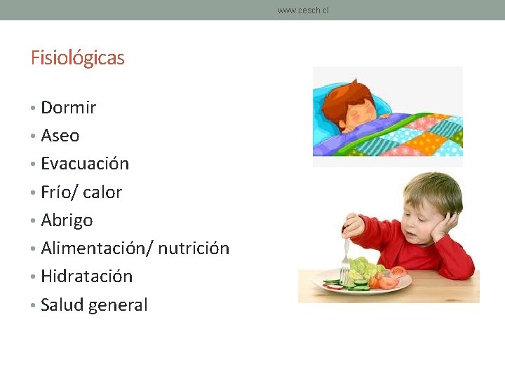 www. cesch. cl Fisiológicas • Dormir • Aseo • Evacuación • Frío/ calor • www. cesch. cl Fisiológicas • Dormir • Aseo • Evacuación • Frío/ calor •