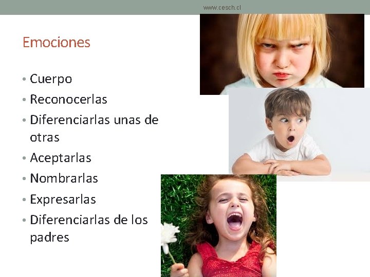 www. cesch. cl Emociones • Cuerpo • Reconocerlas • Diferenciarlas unas de otras • www. cesch. cl Emociones • Cuerpo • Reconocerlas • Diferenciarlas unas de otras •