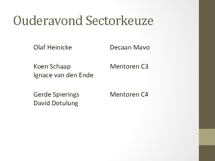 Ouderavond Sectorkeuze Olaf Heinicke Decaan Mavo Koen Schaap Ignace van den Ende Mentoren C