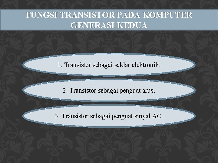 FUNGSI TRANSISTOR PADA KOMPUTER GENERASI KEDUA 1. Transistor sebagai saklar elektronik. 2. Transistor sebagai