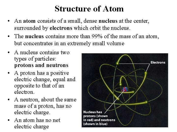 Structure of Atom • An atom consists of a small, dense nucleus at the