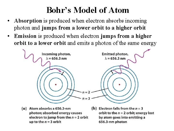 Bohr’s Model of Atom • Absorption is produced when electron absorbs incoming photon and