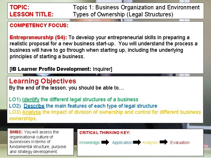 TOPIC: LESSON TITLE: Topic 1: Business Organization and Environment Types of Ownership (Legal Structures)