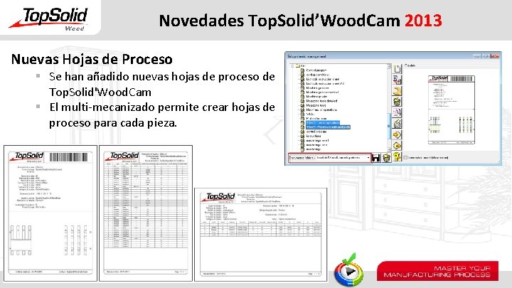 Novedades Top. Solid’Wood. Cam 2013 Nuevas Hojas de Proceso § Se han añadido nuevas