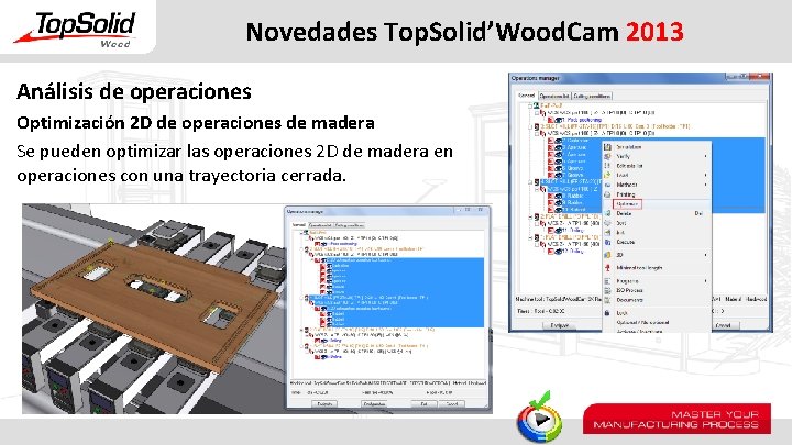 Novedades Top. Solid’Wood. Cam 2013 Análisis de operaciones Optimización 2 D de operaciones de