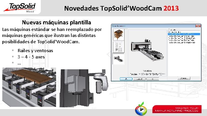 Novedades Top. Solid’Wood. Cam 2013 Nuevas máquinas plantilla Las máquinas estándar se han reemplazado