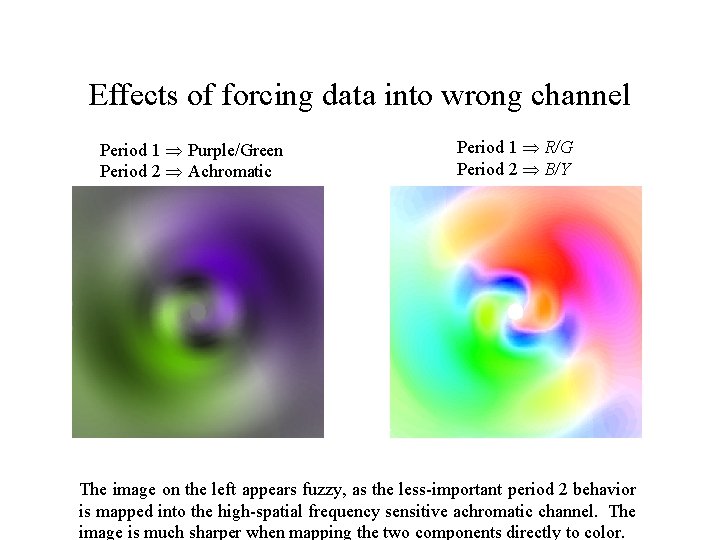 Effects of forcing data into wrong channel Period 1 Purple/Green Period 2 Achromatic Period