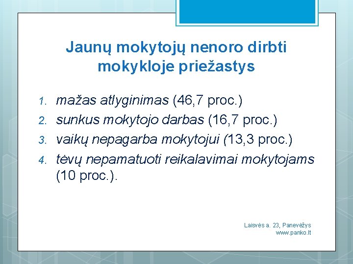 Jaunų mokytojų nenoro dirbti mokykloje priežastys 1. 2. 3. 4. mažas atlyginimas (46, 7