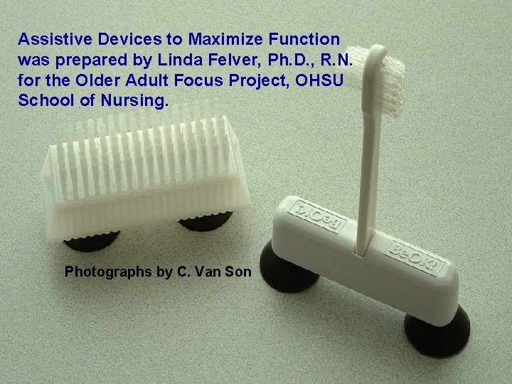 Assistive Devices to Maximize Function was prepared by Linda Felver, Ph. D. , R. Assistive Devices to Maximize Function was prepared by Linda Felver, Ph. D. , R.