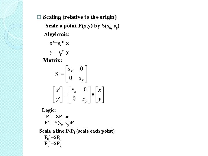 Scaling (relative to the origin) Scale a point P(x, y) by S(sx, sy) Algebraic: