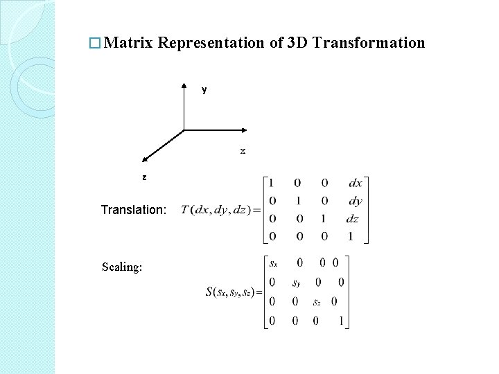 � Matrix Representation of 3 D Transformation y x z Translation: Scaling: 