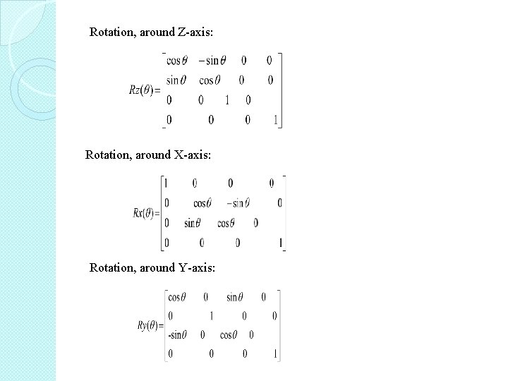 Rotation, around Z-axis: Rotation, around X-axis: Rotation, around Y-axis: 