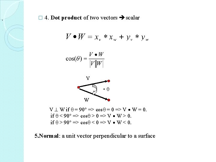 � , 4. Dot product of two vectors scalar V • W V W