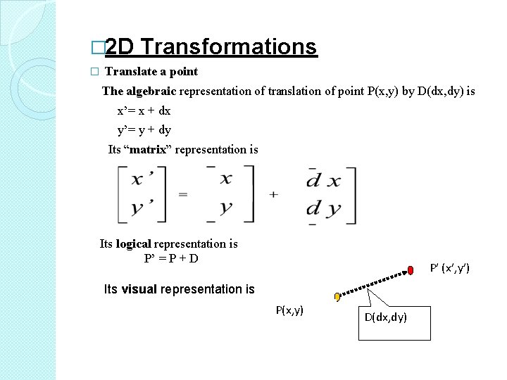 � 2 D Transformations � Translate a point The algebraic representation of translation of
