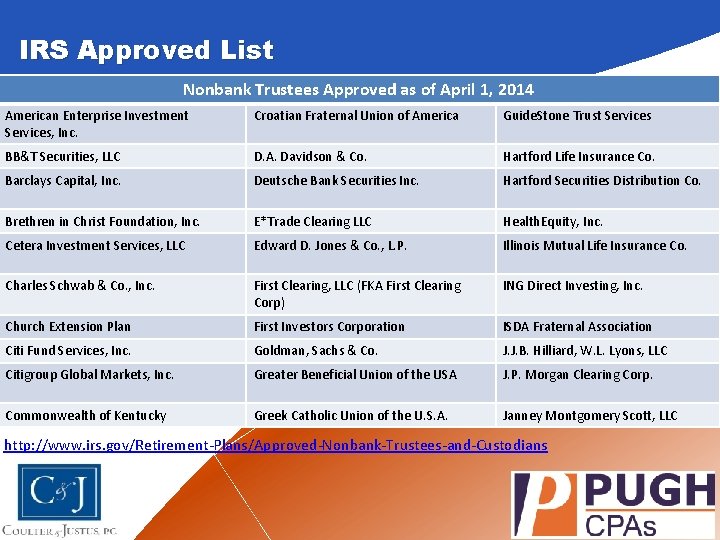 IRS Approved List Nonbank Trustees Approved as of April 1, 2014 American Enterprise Investment