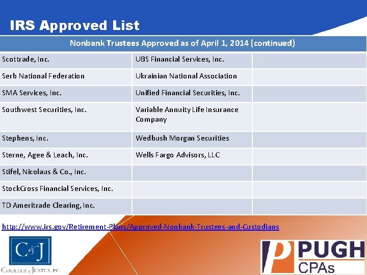 IRS Approved List Nonbank Trustees Approved as of April 1, 2014 (continued) Scottrade, Inc.