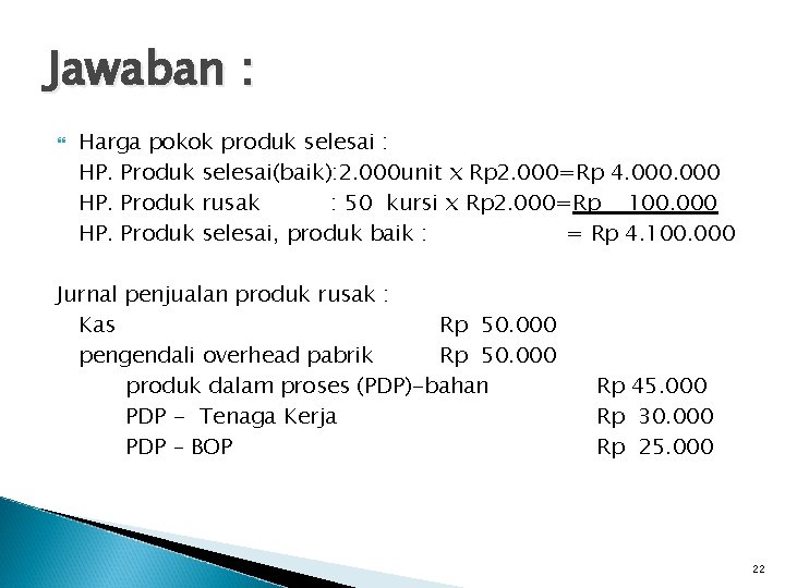 Jawaban : Harga pokok produk selesai : HP. Produk selesai(baik): 2. 000 unit x