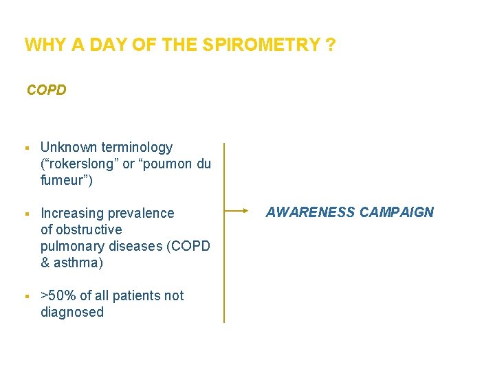WHY A DAY OF THE SPIROMETRY ? COPD § Unknown terminology (“rokerslong” or “poumon