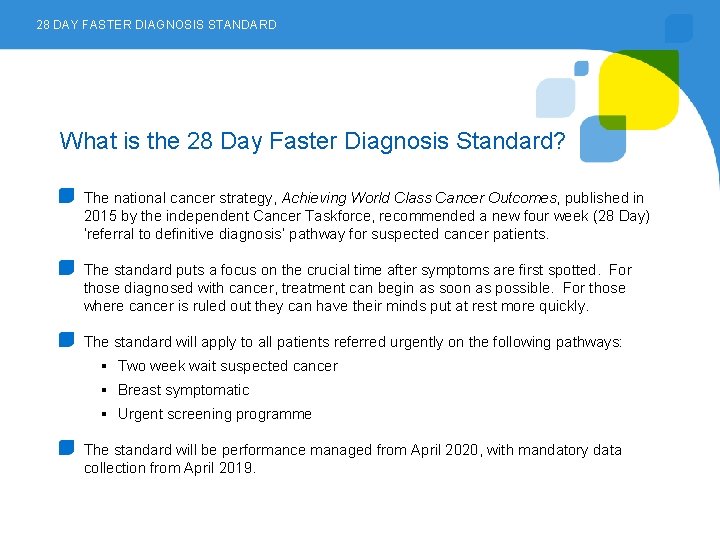 28 DAY FASTER DIAGNOSIS STANDARD What is the 28 Day Faster Diagnosis Standard? The