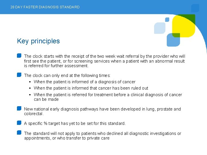 28 DAY FASTER DIAGNOSIS STANDARD Key principles The clock starts with the receipt of