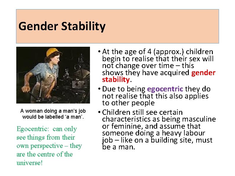 Gender Stability A woman doing a man’s job would be labelled ‘a man’. Egocentric: Gender Stability A woman doing a man’s job would be labelled ‘a man’. Egocentric:
