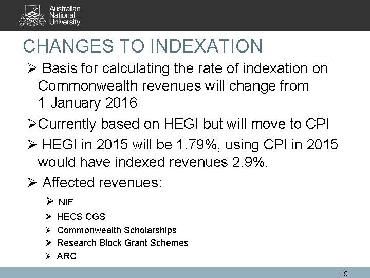 CHANGES TO INDEXATION Ø Basis for calculating the rate of indexation on Commonwealth revenues