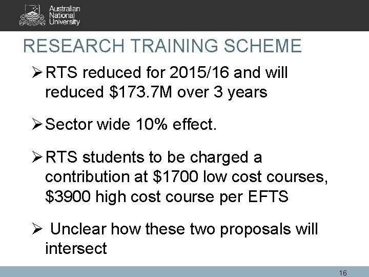 RESEARCH TRAINING SCHEME Ø RTS reduced for 2015/16 and will reduced $173. 7 M