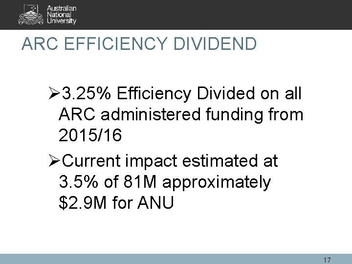 ARC EFFICIENCY DIVIDEND Ø 3. 25% Efficiency Divided on all ARC administered funding from