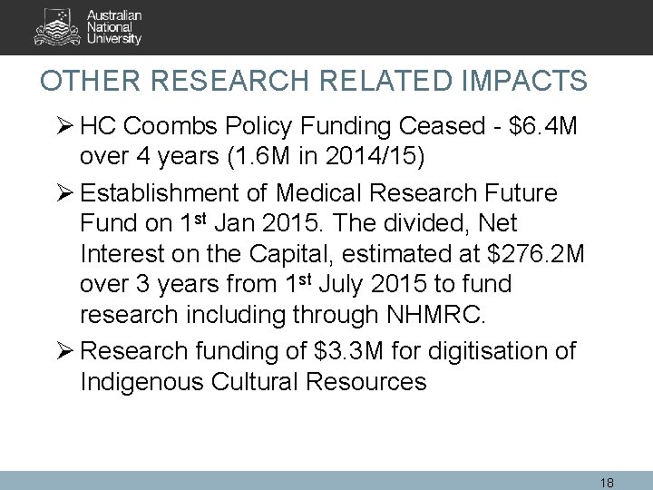 OTHER RESEARCH RELATED IMPACTS Ø HC Coombs Policy Funding Ceased - $6. 4 M