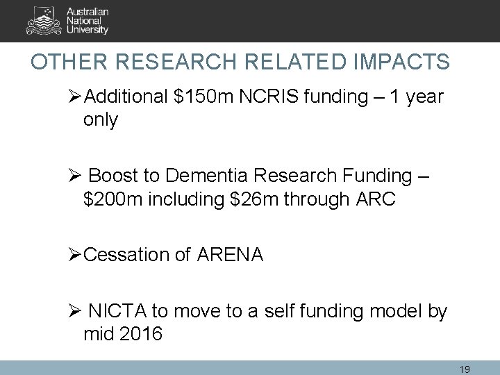 OTHER RESEARCH RELATED IMPACTS ØAdditional $150 m NCRIS funding – 1 year only Ø