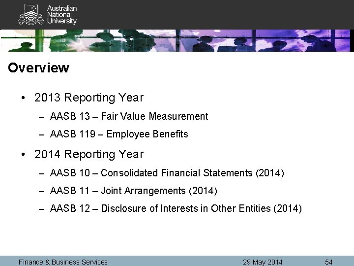 Overview • 2013 Reporting Year – AASB 13 – Fair Value Measurement – AASB
