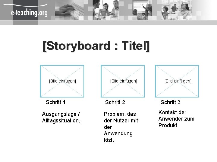 [Storyboard : Titel] [Bild einfügen] Schritt 1 Ausgangslage / Alltagssituation, [Bild einfügen] Schritt 2