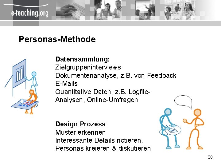 Personas-Methode Datensammlung: Zielgruppeninterviews Dokumentenanalyse, z. B. von Feedback E-Mails Quantitative Daten, z. B. Logfile.