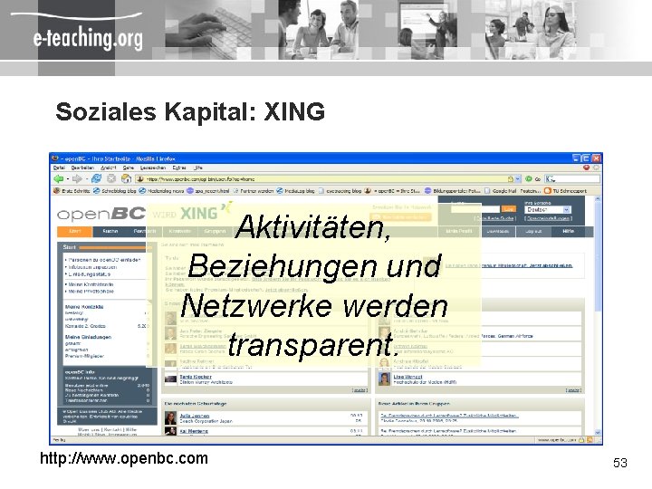 Soziales Kapital: XING Aktivitäten, Beziehungen und Netzwerke werden transparent. http: //www. openbc. com 53