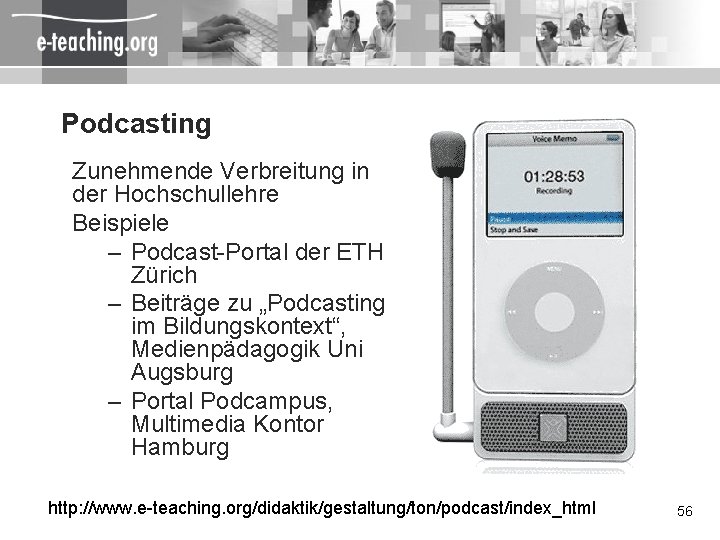 Podcasting Zunehmende Verbreitung in der Hochschullehre Beispiele – Podcast-Portal der ETH Zürich – Beiträge